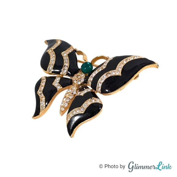 Vintage Black Enamel Butterfly Brooch with Green Cabochon & Clear Rhinestones - Picture 2 of 6